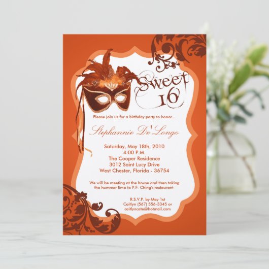 5x7 Sinaasappel Masquerade Masker 16 Verjaardag Ui Kaart (Staand voorkant)