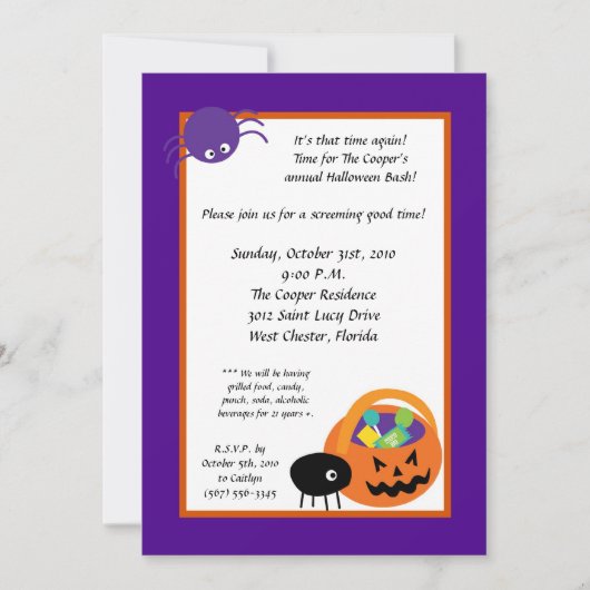 5x7 Spiders Snoep Halloween Bash Party Invitation Kaart (Voorkant)
