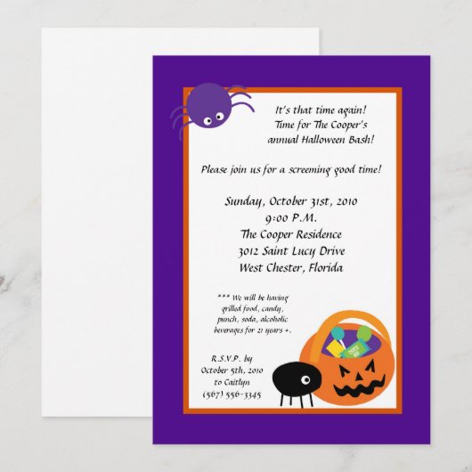 5x7 Spiders Snoep Halloween Bash Party Invitation Kaart (Voorkant / Achterkant)