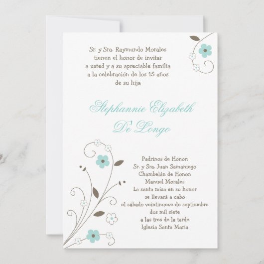 5x7 Spring BlueFlower Quinceanera uitnodiging (Voorkant)