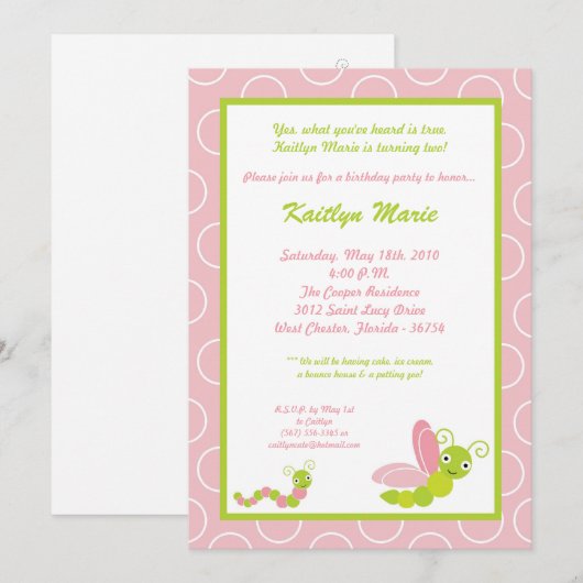 5x7 Spring Insect Worm Verjaardag Uitnodiging (Voorkant / Achterkant)