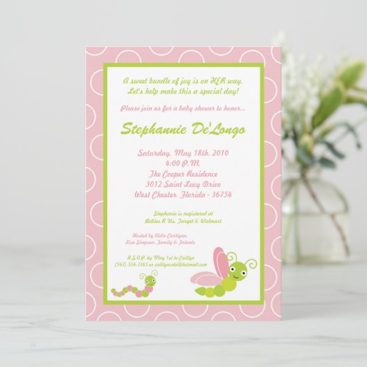 5x7 Spring Insects Bug Worm Baby shower Invitation Kaart (Staand voorkant)