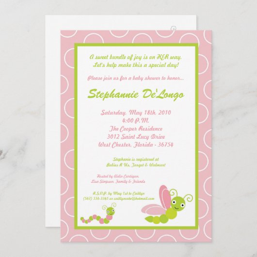 5x7 Spring Insects Bug Worm Baby shower Invitation Kaart (Voorkant / Achterkant)