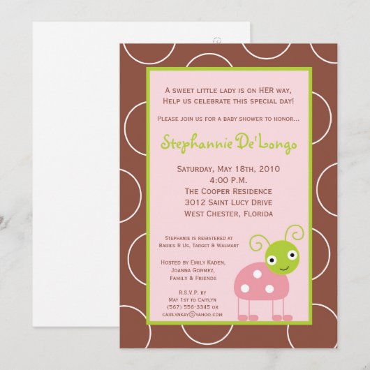 5x7 Spring roze Lady Bug Baby shower uitnodiging (Voorkant / Achterkant)