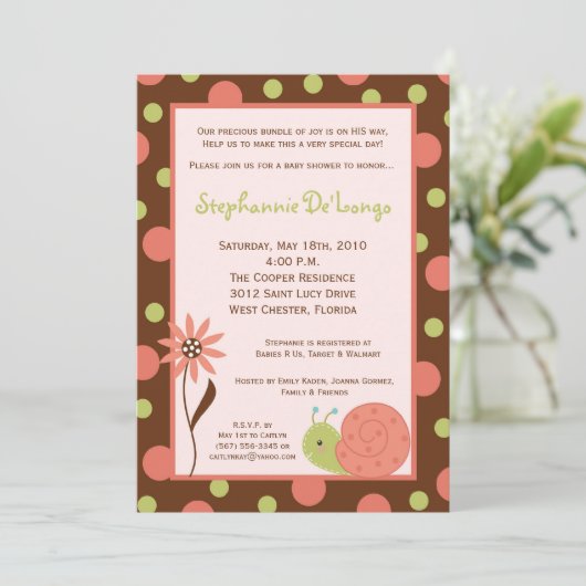 5x7 Spring Snail Bug Flower Baby shower Invitation Kaart (Staand voorkant)