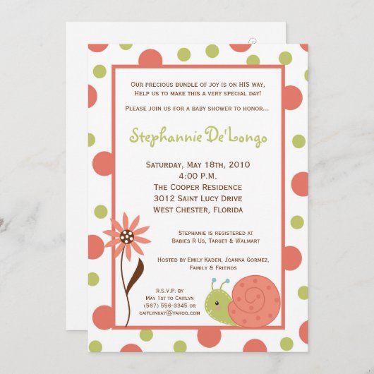 5x7 Spring Snail Bug Flower Baby shower Invitation Kaart (Voorkant / Achterkant)