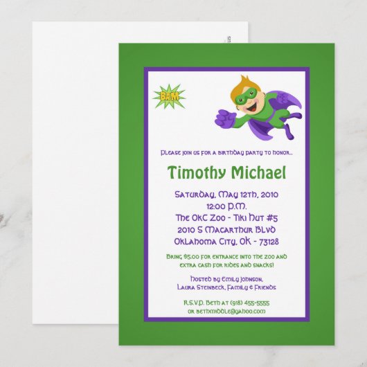 5x7 Super Hero Kind Boy Birthday Party Invitation Kaart (Voorkant / Achterkant)