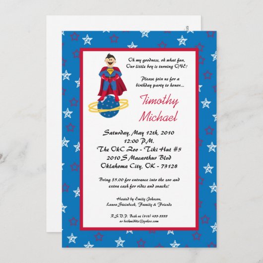 5x7 Super Hero Kind Boy Birthday Party Invitation Kaart (Voorkant / Achterkant)