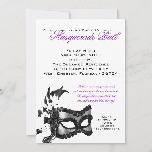 5x7 Sweet 16 Masquerade Ball Birthday Uitnodiging (Voorkant)