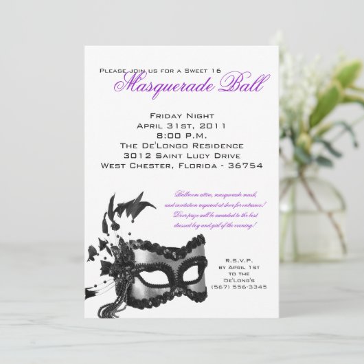 5x7 Sweet 16 Masquerade Ball Birthday Uitnodiging (Staand voorkant)