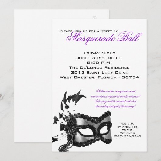 5x7 Sweet 16 Masquerade Ball Birthday Uitnodiging (Voorkant / Achterkant)