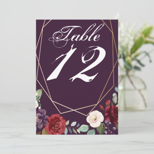 5x7 Tafelnummer Kaart Plum Paarse Rozen Gouden Geo (Staand voorkant)