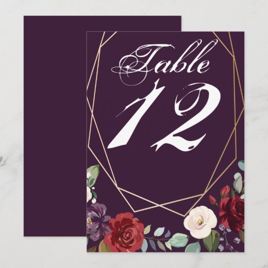 5x7 Tafelnummer Kaart Plum Paarse Rozen Gouden Geo (Voorkant / Achterkant)