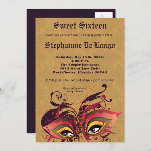 5x7 Tan Masquerade Sweet 16 Verjaardag Uitnodiging (Voorkant / Achterkant)