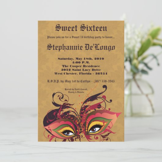 5x7 Tan Masquerade Sweet 16 Verjaardag Uitnodiging (Staand voorkant)