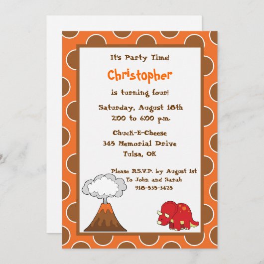 5x7 Tan Polkadot Dinosaur Birthday Invite Kaart (Voorkant / Achterkant)