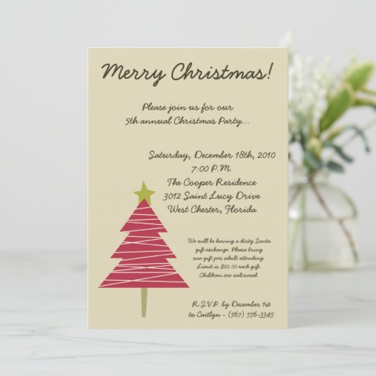 5x7 Tan & Red XMAS Tree Kerstfeest Uitnodiging (Staand voorkant)