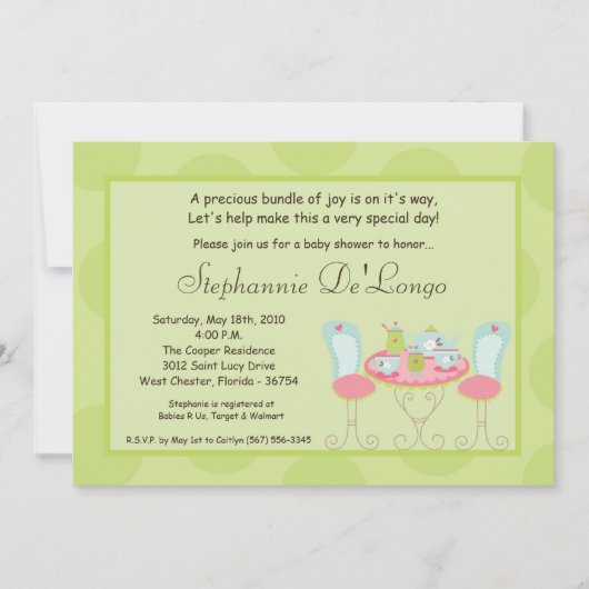 5x7 Tea Party Polka Dot Baby shower Invitation Kaart (Voorkant)