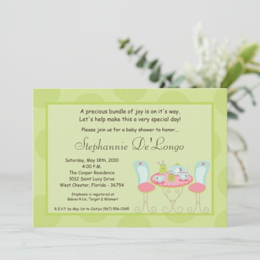 5x7 Tea Party Polka Dot Baby shower Invitation Kaart (Staand voorkant)