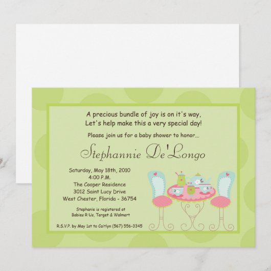 5x7 Tea Party Polka Dot Baby shower Invitation Kaart (Voorkant / Achterkant)