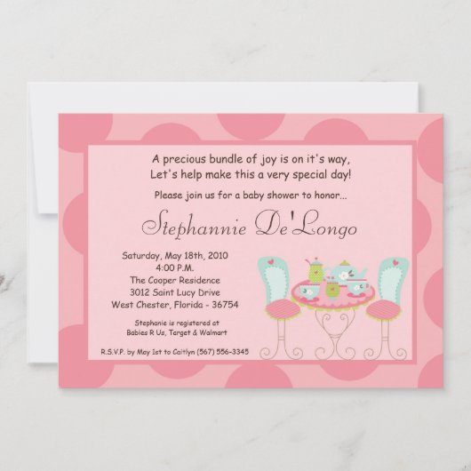 5x7 Tea Party Polka Dot Baby shower Invitation Kaart (Voorkant)