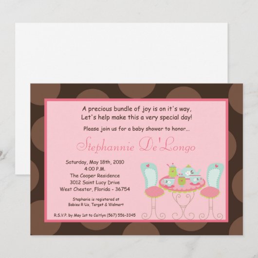 5x7 Tea Party Polka Dot Baby shower Invitation Kaart (Voorkant / Achterkant)