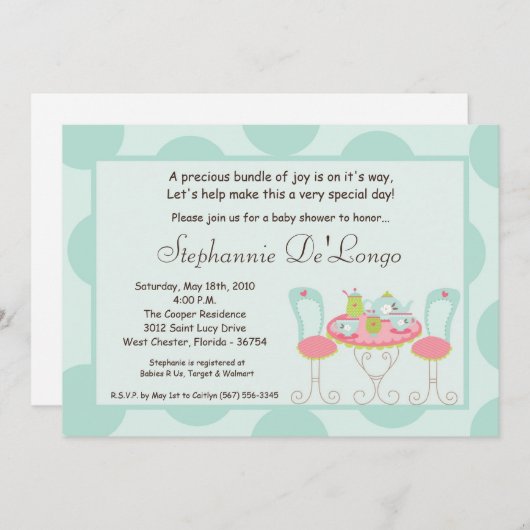 5x7 Tea Party Polka Dot Baby shower Invitation Kaart (Voorkant / Achterkant)