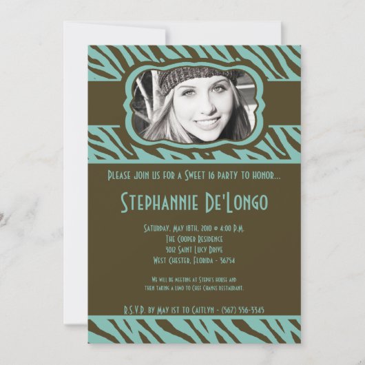 5x7 Tiff Zebra PHOTO Sweet 16 Birthday Invitation Kaart (Voorkant)
