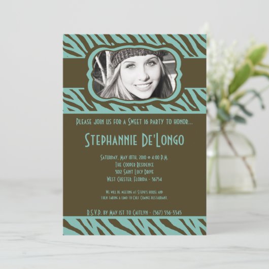 5x7 Tiff Zebra PHOTO Sweet 16 Birthday Invitation Kaart (Staand voorkant)