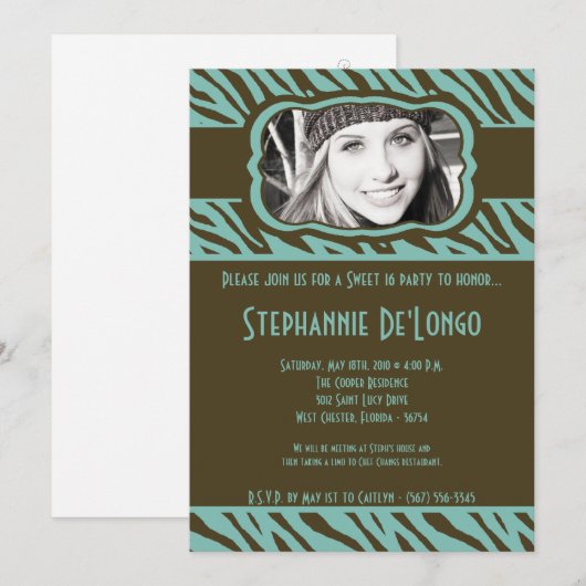5x7 Tiff Zebra PHOTO Sweet 16 Birthday Invitation Kaart (Voorkant / Achterkant)