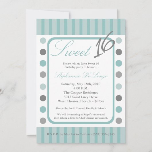 5x7 TiffanyBlue Polka Sweet 16 Verjaardag Uitnodig Kaart (Voorkant)