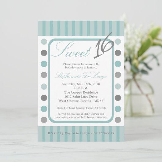 5x7 TiffanyBlue Polka Sweet 16 Verjaardag Uitnodig Kaart (Staand voorkant)