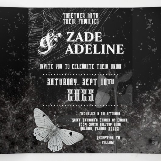 5x7 Trifold Huwelijksuitnodiging Haunting Adeline Drieluik Programma (Binnenkant midden)