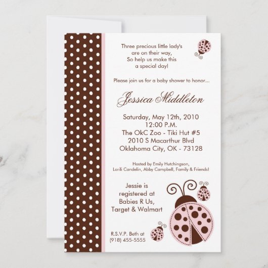 5x7 TRIPLET Lady Bug Polka Baby shower Uitnodiging (Voorkant)