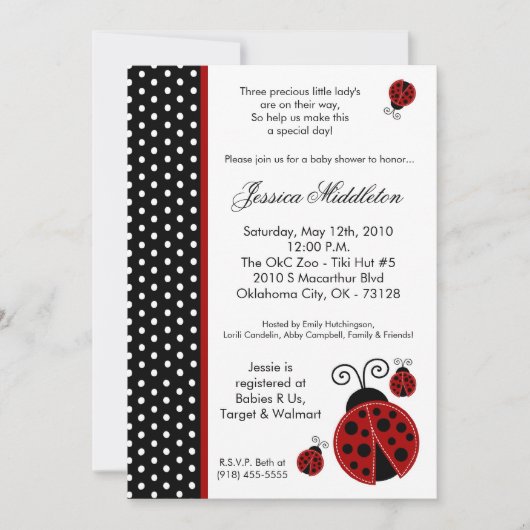 5x7 TRIPLET Lady Bug Polka Baby shower Uitnodiging (Voorkant)