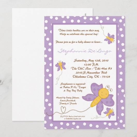 5x7 TRIPLET Purpl Butterfly Baby shower Innodiging Kaart (Voorkant / Achterkant)