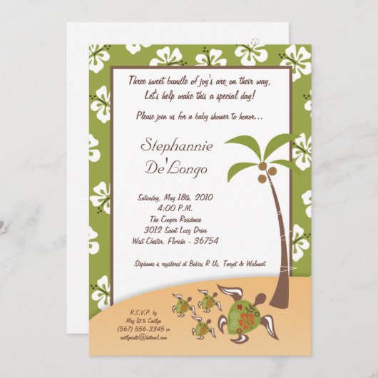 5x7 Tropical Turtle Mama TRIPLET Douche Uitnodigin Kaart (Voorkant / Achterkant)