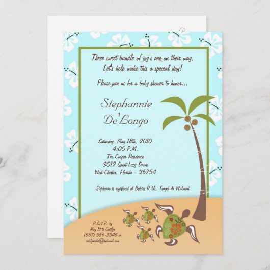 5x7 Tropical Turtle Mama TRIPLET Douche Uitnodigin Kaart (Voorkant / Achterkant)