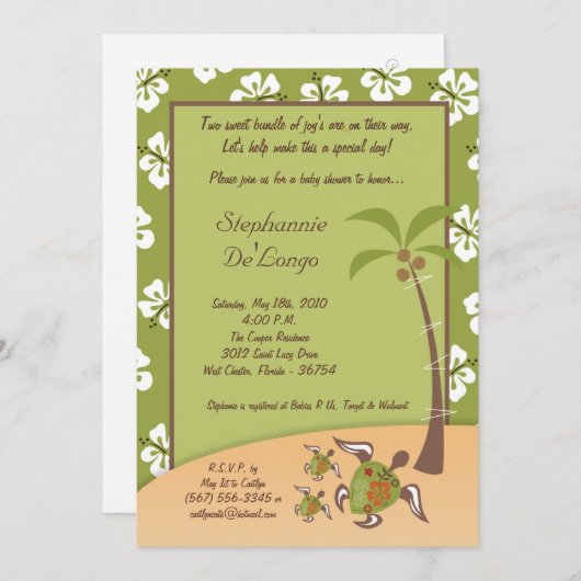 5x7 Tropical Turtle Mama TWINS Douche Uitnodiging (Voorkant / Achterkant)