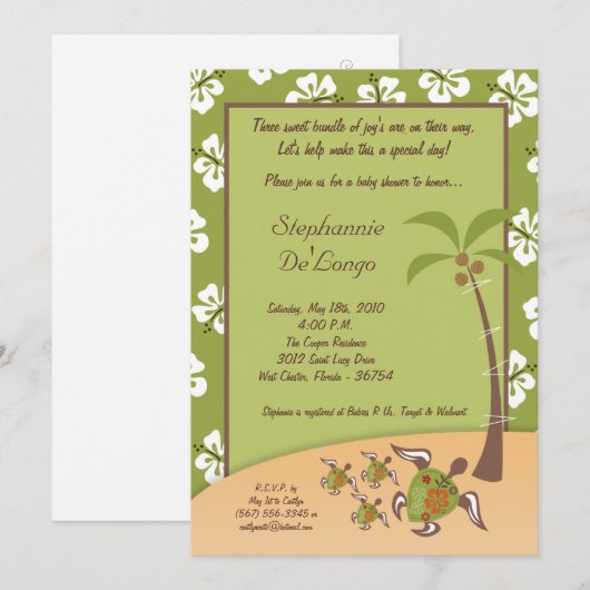 5x7 Tropische schildpad Mama TRIPLET Shower-uitnod Kaart (Voorkant / Achterkant)