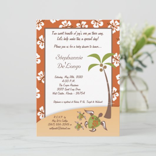 5x7 Tropische schildpad Mama TWINS Shower Invitati Kaart (Staand voorkant)