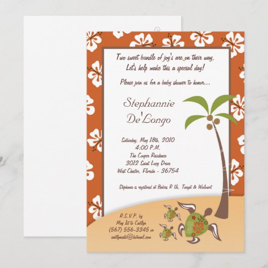 5x7 Tropische schildpad Mama TWINS Shower Invitati Kaart (Voorkant / Achterkant)