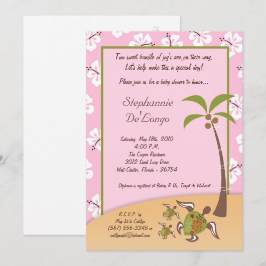 5x7 Tropische schildpad Mama TWINS Shower Invitati Kaart (Voorkant / Achterkant)