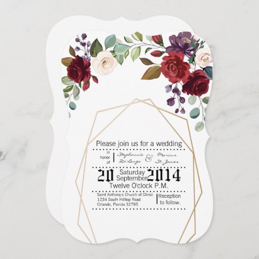 5x7 Trouw Uitnodiging Witte Rozen Gouden Geom (Voorkant / Achterkant)