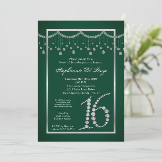 5x7 Turquoise Diamond Sweet 16 Verjaardag Uitnodig Kaart (Staand voorkant)