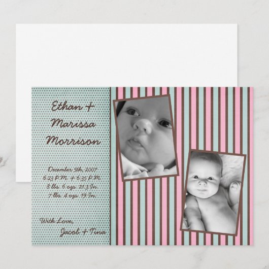 5x7 TWIN Blauw Roze Streep Foto Aankondiging Geboo (Voorkant / Achterkant)