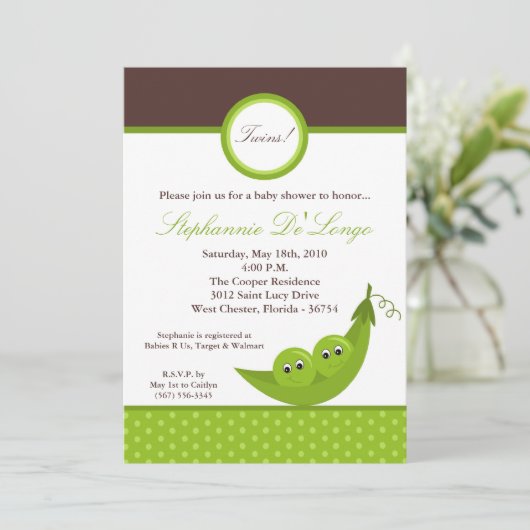 5x7 TWIN Boy Peas in Pod Baby shower Uitnodiging (Staand voorkant)
