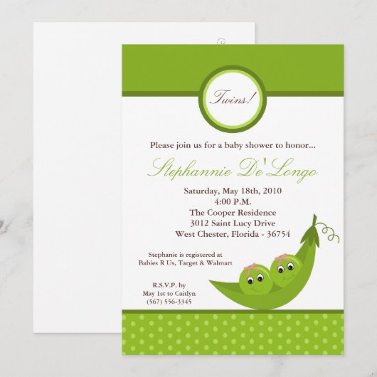 5x7 TWIN Girl Peas in Pod Baby shower Invitation Kaart (Voorkant / Achterkant)