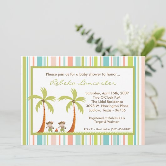 5x7 Twin Luau Hawaii Monkey Baby shower Uitnodigin Kaart (Staand voorkant)