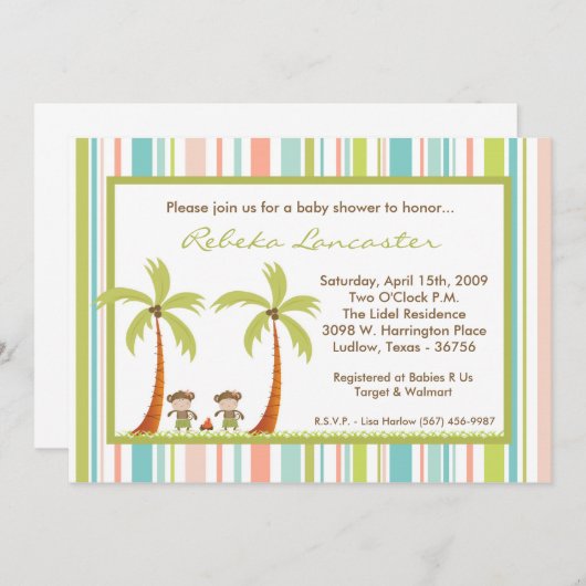 5x7 Twin Luau Hawaii Monkey Baby shower Uitnodigin Kaart (Voorkant / Achterkant)